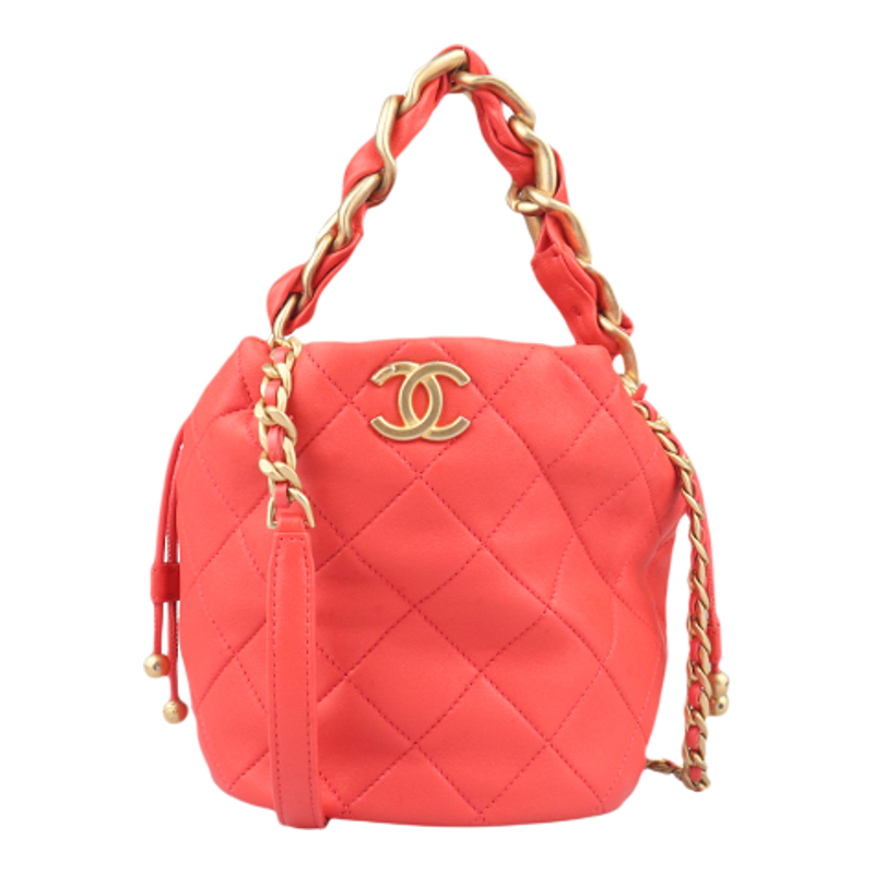 【自营】中古9新CHANEL香奈儿皮穿链手柄水桶红羊皮斜挎包AS2390