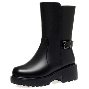 中筒靴女真皮中跟羊毛女靴皮毛一体雪地靴冬加绒加厚棉靴厚底靴子