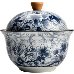 青花瓷烟灰缸带盖防风防飞灰满印花家用复古烟缸大号个性桌面摆件