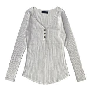 eihey诶嘿新款单排扣长袖T恤打底衫修身V领内搭外穿百搭正肩上衣