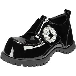 Hongkee/红科单鞋女2025秋季新款圆头厚底亮面内增高女鞋H805D317