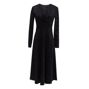 黑色亮闪金丝绒长袖连衣裙女秋冬新款轻奢气质显瘦年会晚礼服裙子