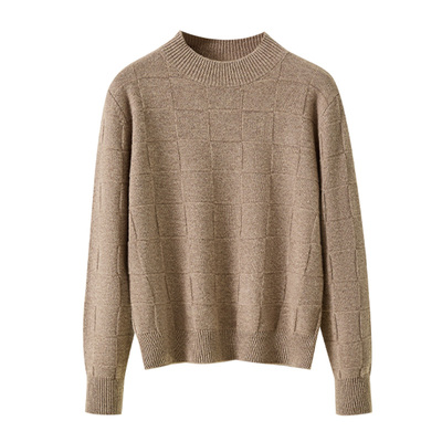 春竹100%羊毛秋冬新款圆领电脑针法方块提花休闲厚款保暖女羊毛衫