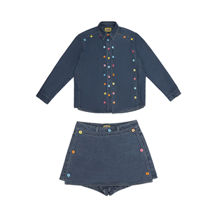 哟酷酷(来去自由)秋季小众设计款牛仔衬衫女不规则半身裙套装女