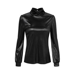 曼德诗黑色修身T恤女2024秋季新品舒适干练衬衣职业通勤堆领上衣