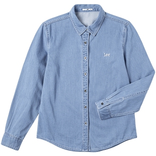 Lee商场同款25新品标准版刺绣小Logo浅蓝色女长袖牛仔衬衫休闲潮