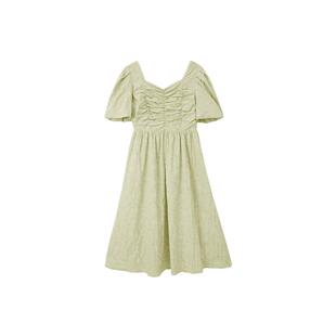 PIT复古法式方领压褶收腰显瘦连衣裙女2025夏季新款韩系chic裙子