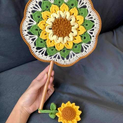 DIY向日葵团扇成品毛线编织材料包古风扇钩针毕业季高考节日礼物