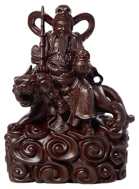 黑檀木雕赵公明财神骑虎像武财神摆件实木质五路财神供奉神像大号