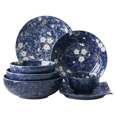 日本进口美浓烧蓝绘蔓樱陶瓷餐具