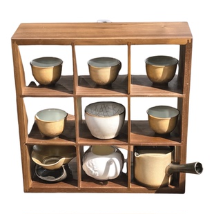 无意实木茶杯格子架九宫格架杯子置物架黑胡桃木多宝格茶具博古架