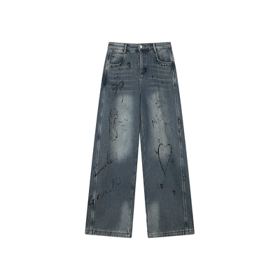 安妮不火 复合超厚云絮绒宽松弯刀牛仔裤女微胖大码涂鸦裤腿长裤