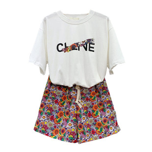 亏本清仓！不退不换！欧洲站显瘦百搭印花T恤高腰碎花短裤套装女