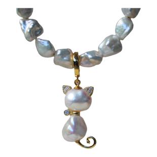花开童年天然淡水巴洛克珍珠小猫咪吊坠碎银子项坠项链可爱猫儿