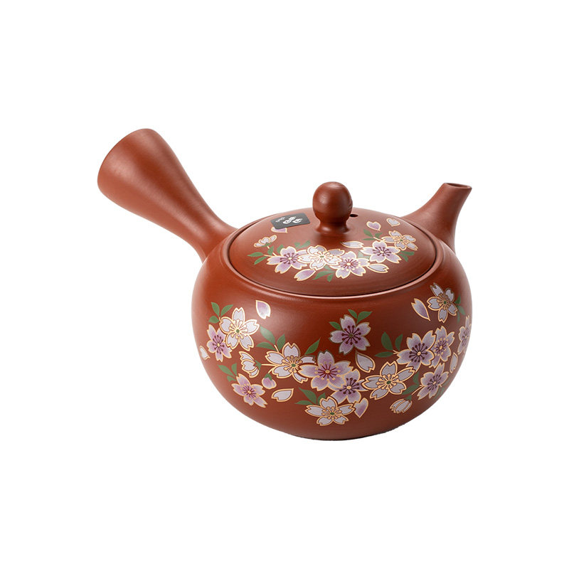 日本进口常滑烧朱泥樱花侧把茶壶