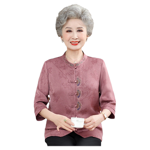 奶奶夏装真丝绸缎衬衫中老年人女套装老太太夏季新中式妈妈装上衣
