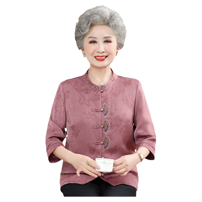 中老年人女夏装套装真丝绸缎衬衫