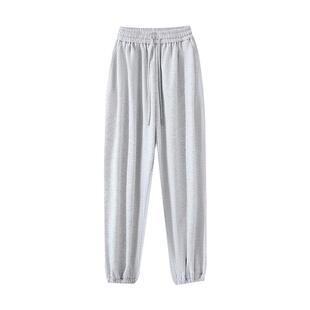 浅灰色美式运动裤女秋冬大码宽松显瘦休闲裤胖mm直筒阔腿加绒卫裤