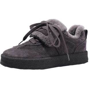 BellaLily2025冬季新款百搭设计感休闲鞋加绒保暖德训鞋牛皮潮鞋