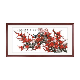 喜上眉梢挂画客厅装饰画新中式红梅报春图沙发墙画花鸟梅花图手绘