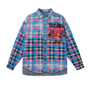 获衣局格子衬衫春秋季美式宽松休闲多巴胺星星印花翻领重磅外套潮