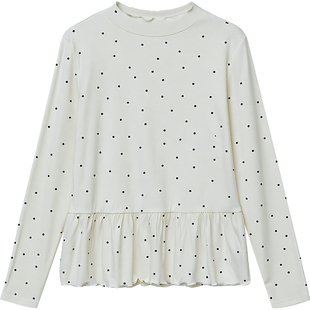 DM100大码百分百女装微胖mm秋冬波点印花半高领波边打底衫内搭T恤