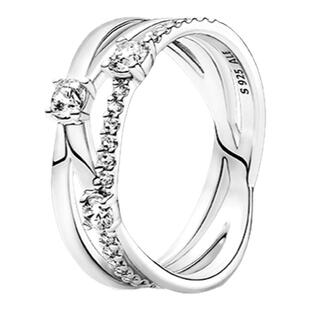 Pandora潘多拉奥莱闪耀三环戒指银色交错设计精致礼物