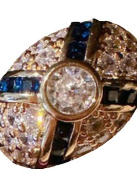 胭脂洋红方糖宝石戒指 古董感 镀18K金 黛蓝渐变锆石宽版戒指