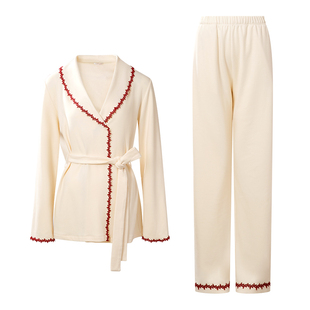 NT春秋加厚保暖德绒薄绒磨毛发热睡衣女冬法式系带长袖睡袍家居服