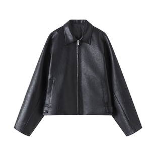 VLABMADE 优雅老钱风丝光条纹里衬*哑光肌理PU皮短宽廓形皮衣夹克