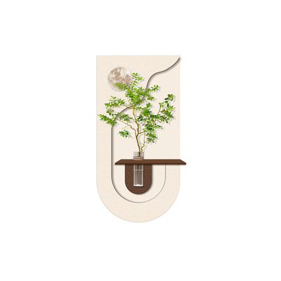 砂岩奶油风水培绿植玄关装饰画