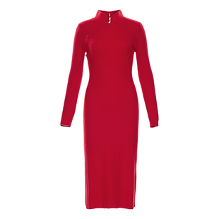 花木深国风红色旗袍女新款长袖收腰内搭打底裙子新中式针织连衣裙