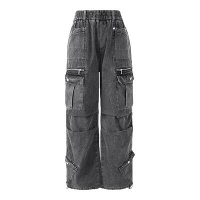 UNIFREE灰色牛仔裤水洗做旧重工美式复古工装裤多口袋直筒长裤子