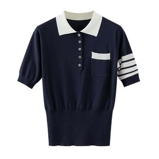 2026新款拼色polo领短袖T恤女后背小狗图案夏季薄款冰丝打底上衣