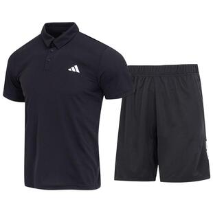 阿迪达斯男子夏季跑步套装黑色短袖短裤运动服POLO衫休闲裤两件套