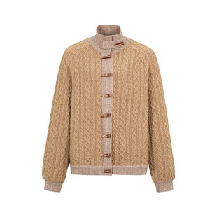 Funnel in绞花撞色牛角扣针织外套女秋冬宽松慵懒风上衣