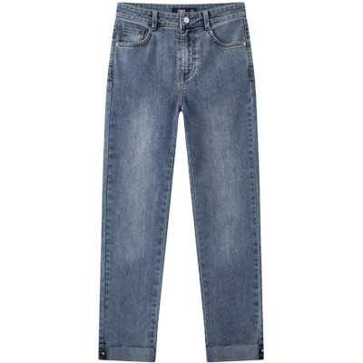 森马毛边卷边八分小直筒牛仔裤女