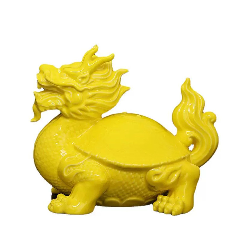 黄色陶瓷龙龟玄武吉祥物摆件