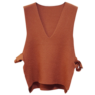 春秋季韩版针织衫背心外穿马甲无袖短款毛衣女装宽松v领上衣绑带