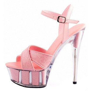 15cm超高跟鞋细跟防水台厚底粉色亮片小码凉鞋lo娘女鞋钢管舞高跟