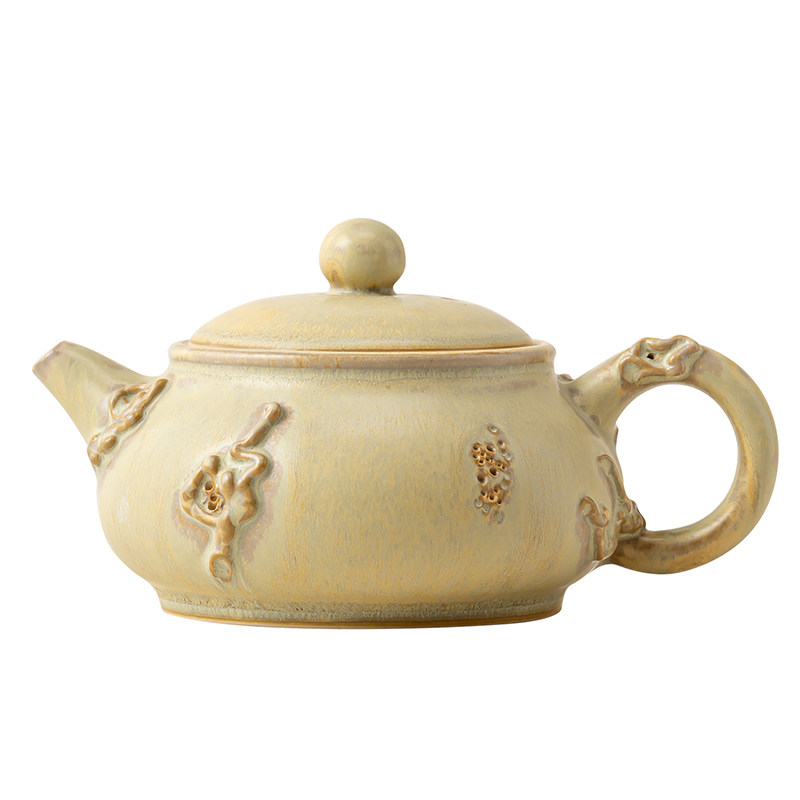 中式原矿黄宝石手工茶壶哑光窑变釉仿古壶手工浮雕紫砂茶壶礼品