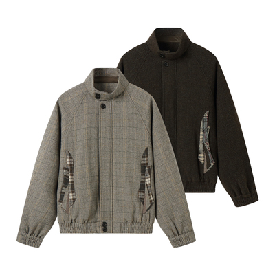 半片花瓣羊毛哈灵顿格纹拼接夹克
