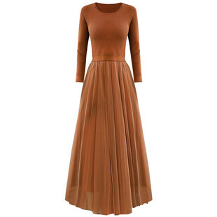 长款针织连衣裙秋冬收腰气质2026新款网纱长裙毛衣长袖打底裙子女