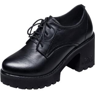 马丁鞋2026春秋新款系带单鞋真皮高跟鞋女粗跟鞋子舒适女鞋小皮鞋