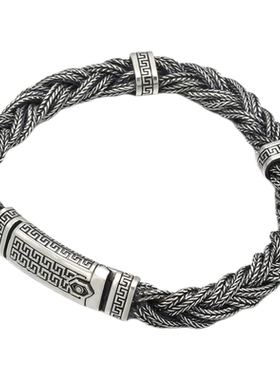 通体S925银男士手工编织回文马鞭手链女首饰插销时尚复古泰银礼物