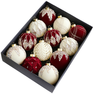 圣诞树节装饰品植绒高级感圣诞彩绘酒红球8cm6厘米小挂件场景布置