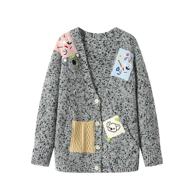 ANDREA MARTIN秋冬新品趣味贴布刺绣毛衣V领男女针织开衫外套