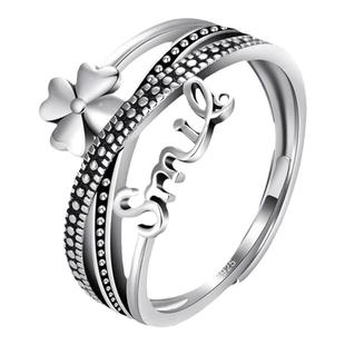 S925纯银幸运四叶草戒指女款小众招财饰品复古轻奢高级感设计食指