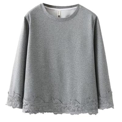 宛宛大码百分百女装微胖mm秋冬季白色打底衫蕾丝拼接宽松正肩T恤