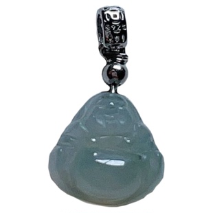 A货翡翠乳白淡绿镶嵌925银小佛吊坠天然缅甸老坑迷你佛弥勒佛挂坠